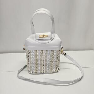 Vintage 80's Warren Reed White Gold Woven Faux Leather Handbag Crossbody Purse